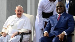 Pope Francis sits next to Democratic Republic of Congo's President Felix Tshisekedi as he attends the welcoming ceremony at the Palais de la Nation on the first day of his apostolic journey, in Kinshasa, Democratic Republic of Congo, 31 January 2023. Simone Risoluti/Vatican Media/Handout via Reuters