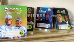Branded notebooks with images of Nigerian presidential candidates are displayed at a shopping center in Abuja, Nigeria. Source: Reuters/Abraham Achirga.