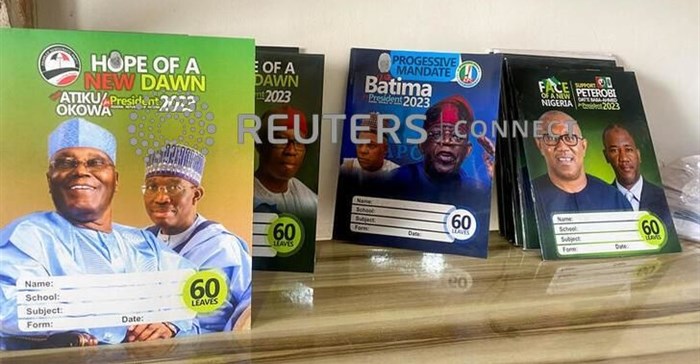 Branded notebooks with images of Nigerian presidential candidates are displayed at a shopping center in Abuja, Nigeria. Source: Reuters/Abraham Achirga.