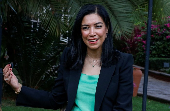 Riham ElGizy, CEO of Regional Voluntary Carbon Market Company (RVCMC), speaks during a Reuters interview ahead of the voluntary auction of carbon credits, with projects in Kenya, Rwanda, Egypt and South Africa, at the auction in Nairobi, Kenya, 14 June 2023. Reuters/Thomas Mukoya