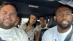Image supplied: Springbok teammates Frans Malherbe, Damian Willemse, Canan Moodie, and Siya Kolisi are joined by The Kiffness in the Green Mamba, the Bok team’s official Toyota Hilux