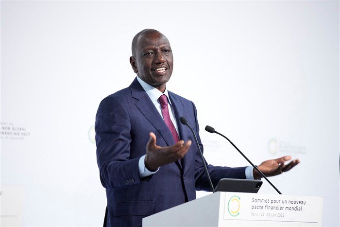 File photo: William Ruto, President of Kenya, speaks during a joint press conference with Kristalina Georgieva, Managing Director of the International Monetary Fund, French President Emmanuel Macron, US Treasury Secretary Janet Yellen and World Bank President Ajay Banga at the end of the New Global Financial Pact Summit, Friday, 23 June 2023 in Paris, France. Lewis Joly/Pool via Reuters/File Photo