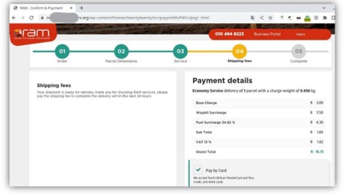 Fake RAM website asking for payment of shipping fees.