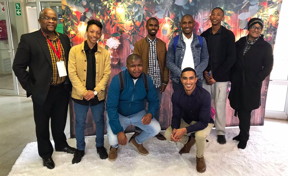 False Bay TVET College competition participants and coaches. Back: Thomas Mvumvu, Bryanne Mopp, Luzuko Ntutu, Athini Matyityilili, Banele Mjayezi, Nafessa Dinie. Front kneeling: Sethu Klaas, Abduraghmaan Sasman