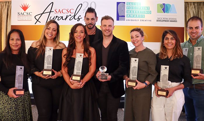 SACSC Footprint Awards_Heloise Mgcina (L2D Marketing Executive)_Lana Maree-Arendse (Sandton City Marketing Manager)_Celina Anderson (EBM Creative Director)_Darren Katz (EBM Managing Director)_Michael Wilson (EBM Group Marketing Head)_Alana Hoskin (Eastgate Shopping Centre MarketingManager)_ Saadiyah Khan (L2D Asset Management Executive: Eastgate Shopping Centre) _ Dimitri Kokinos (L2D Asset Management Executive: Sandton City)