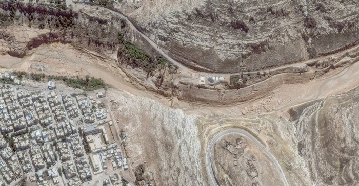 A satellite image shows lower dam on Wadi in the aftermath of the floods in Derna, Libya 13 September 2023. Maxar Technologies/Reuters