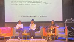 DJ Sbu in conversation with SABC's head of content Lala Tuku and head of African Language Station Sbongi Ngcobo. Source: Karabo Ledwaba.