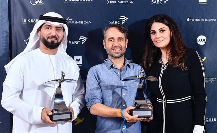 Khaled Alshehni (Marketing Leadership and Innovation Award winner) and Impact BBDO UAE and AnNahar Newspaper (Grand Prix winner) during day one of the 2023 Loeries Awards. Image credit: Ashley Vlotman/Gallo Images