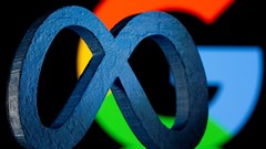 A 3D printed Facebook's new rebrand logo Meta is seen in front of displayed Google logo in this illustration. Source: Reuters/Dado Ruvic