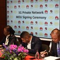 MOU signing, Menar’s CIO Cleavon Moothoosamy, MTN’s Tumi Chamayou and Huawei South Africa’s Jason Shao pen a 5G smart mine agreement for Gugulethu mine. Source: Supplied
