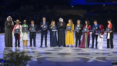 Image: HH Sheikh Mohamed bin Zayed Al Nahyan, President of the United Arab Emirates (7th R), stands for a photograph the Zayed Sustainability Prize with the winners during COP28 UAE, Al Wasl Plaza, Expo City. Seen with HE Dr Sultan Ahmed Al Jaber, UAE Minister of Industry and Advanced Technology, Director General of the Zayed Sustainability Prize, and COP28 President (L). (Hamad Al Kaabi / UAE Presidential Court)