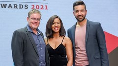 Source: ©AdFocus2021 Rob Rose, editor of FM, (left) with Tumi Rabanye 2021 AdFocus chair (centre) and Faheem Chaudhry, 2022 chair (right)