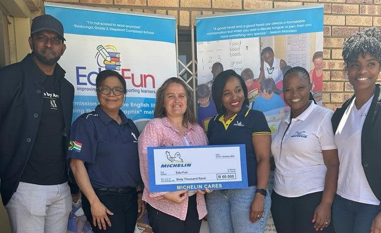 Image: Dheshan Naidoo (Michelin), Elmarie Roberts (Michelin HR Director), Jenny Taylor (Edu Fun), Sandra Gutura (Michelin), Thobeka Pule (Michelin) and Alecia Modise (Michelin)