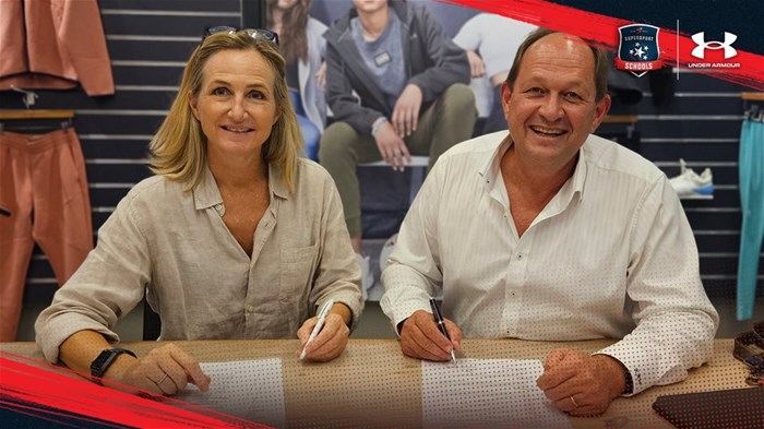 Lorrianne Cloete, head of brand at Apollo Brands and Kelvin Watt, CEO of Super Sport Schools. Image supplied