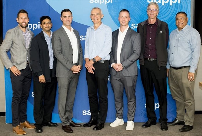 Brett Eloff (deal origination, Enpower), Lavendran Reddy (regional sourcing, SappiSA), James Beatty (CEO, Enpower), Alex Thiel (CEO, SappiSA), Simon Le Roux (trading manager, Enpower), Tyrone Hawkes (strategy, SappiSA), and Stafford Augustine (procurement, SappiSA).