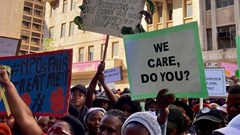 Members of non-profit organisations funded by the Gauteng Department of Social Development protested last week because of delays in funding allocations and subsidy payments. Photo: Masego Mafata / GroundUp