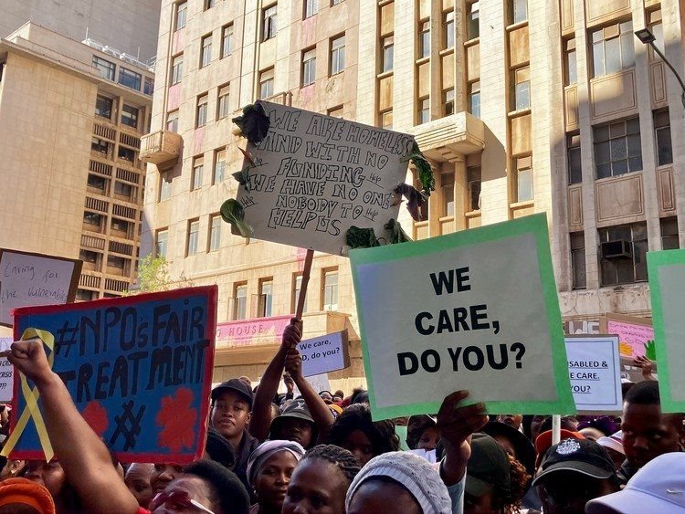 Members of non-profit organisations funded by the Gauteng Department of Social Development protested last week because of delays in funding allocations and subsidy payments. Photo: Masego Mafata / GroundUp