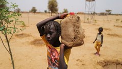 A girl carries a jerrycan filled with water at a Tolou Keur garden in the Walalde department of Podor, in the Great Green Wall of the Sahara and the Sahel area, Senegal, 11 July 2021. Reuters/Zohra Bensemra/File Photo