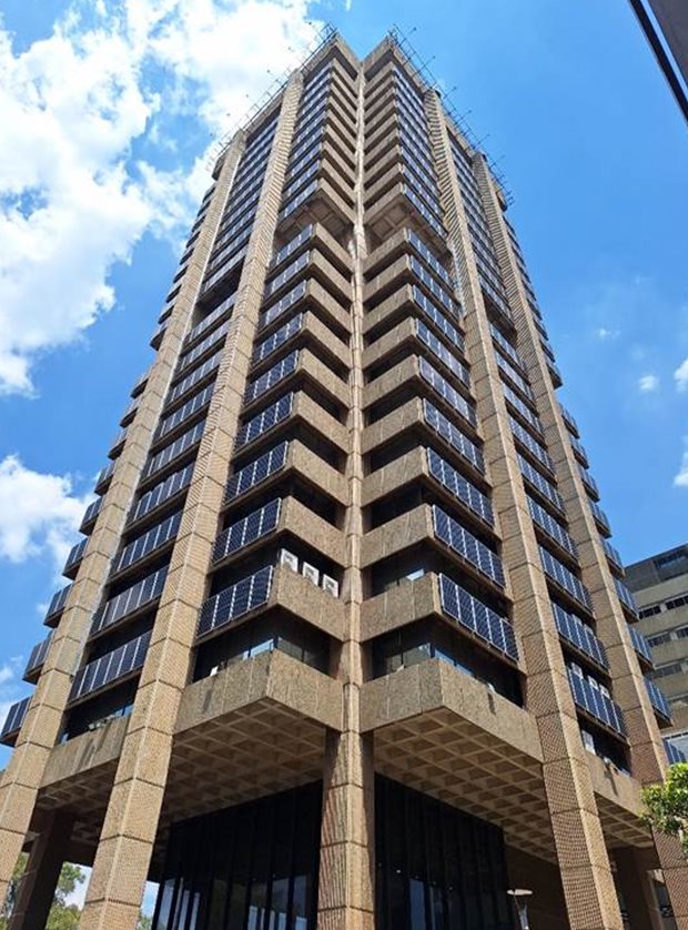 Source: Supplied. Metalbox, standing 80 metres tall and one of the largest commercial office properties in Fairvest Limited's portfolio, is South Africa's first solar facade skyscraper.