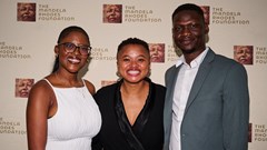 2024 Äänit Prize winners Chido Dzinotyiwei (left) and Ismail Dumutu (right) with Judy Sikuza, CEO of the Mandela Rhodes Foundation (middle) (Image supplied)