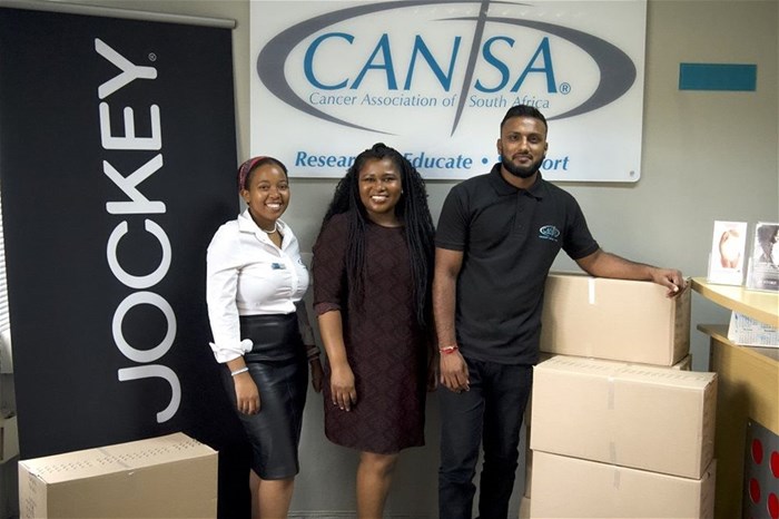 Thobekile Khuzwayo, Mkhuhla Care Home coordinator, Neli Hadebe, Jockey PR coordinator, and Liaston Naidoo, health programmes support officer