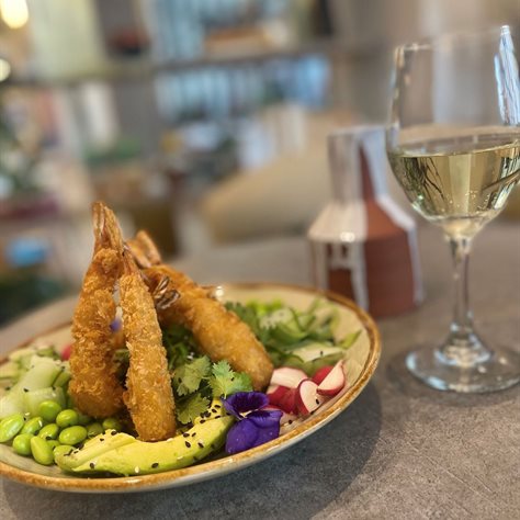 Crispy Prawn Tower with a glass of Easy White – new dish and house wine on the menu at Courtyard Hotel Waterfall City