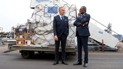 Laurent Muschel, HERA Director General, and Jean Kaseya, Africa CDC Director General, stand near mpox vaccines as first batches arrive at N'Djili International Airport in Kinshasa, Democratic Republic of Congo, 5 September 2024. Reuters/Justin Makangara/File Photo