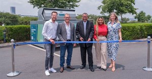 Phillip de Vos – Waterfall City Precinct Manager at Attacq, Doug Woolley – Dell Technologies, Ashley du Plooy – CEO of ERA, Natasha Moyo - Manager Technical Support Services at Dell Technologies and Mischa Tessendorf – Sustainability Project Manager at Attacq cutting the ribbon to celebrate the ERA bin placement at Waterfall Corner Shopping Centre.