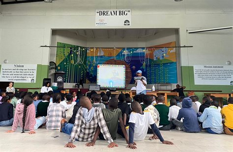 Captain Fanplastic Facilitator during the storytelling Session at Westlake Primary