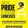 Open Chair has 12 free Cannes Lions for young women; asks industry to help with costs