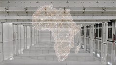 The wall fan cooled hall at ADC's CPT 1 facility in Cape Town, with a graphic of Africa overlaid. Source: Lindsey Schutters.