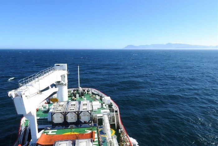 South Africa’s world-class scientific research vessel, the SA Agulhas II, heads toward Cape Town after a stop over in East London following its annual relief and supply voyage to the SANAE IV Antarctic base. The back of Table Mountain, seen in the distance here, was a welcome sight for some researchers returning from a 12-month overwintering stay at SANAE IV, along with sobering news on the state of the southern oceans. Photos: Steve Kretzmann / GroundUp