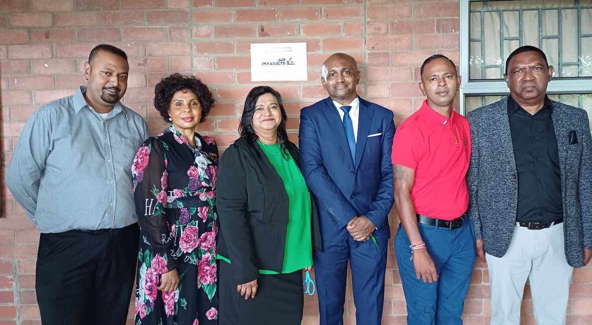 Montford Primary School unveiling ceremony: Mr Sunker, Mrs Myende (Department of Education), Arthi Govender (Air Products), Mr Naidoo (principal), Mr Subbiah, and Mr Munsamy