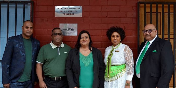 Arena Park Secondary School unveiling ceremony: Mr Pillay, Mr Mudley (principal), Arthi Govender (Air Products), Mrs Myende (Department of Education) and Sugene Vickernand (Air Products)
