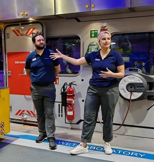 Mattie Rodrigue (right) guided a media tour of OceanXplorer