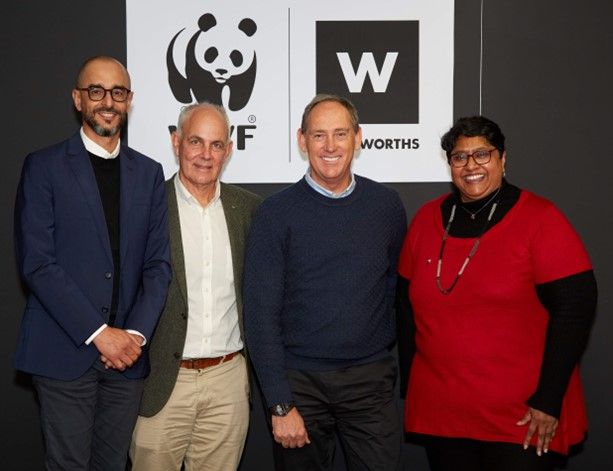 Woolworths and WWF South Africa celebrate a 15-year partnership. From left to right: Feroz Koor, Woolworths Holdings Group Head of Sustainability, Dr Morné du Plessis WWF South Africa CEO, Roy Bagattini, Woolworths Holdings Limited, Group CEO and Pavitray Pillay, Environmental Behaviour Change Lead and WWF SASSI Manager for the WWF