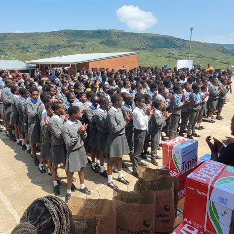 The Amakhuze High School learners in Bulwer, listening attentively to an address by Dr Blade Nzimande, Minister of Science, Technology, and Innovation