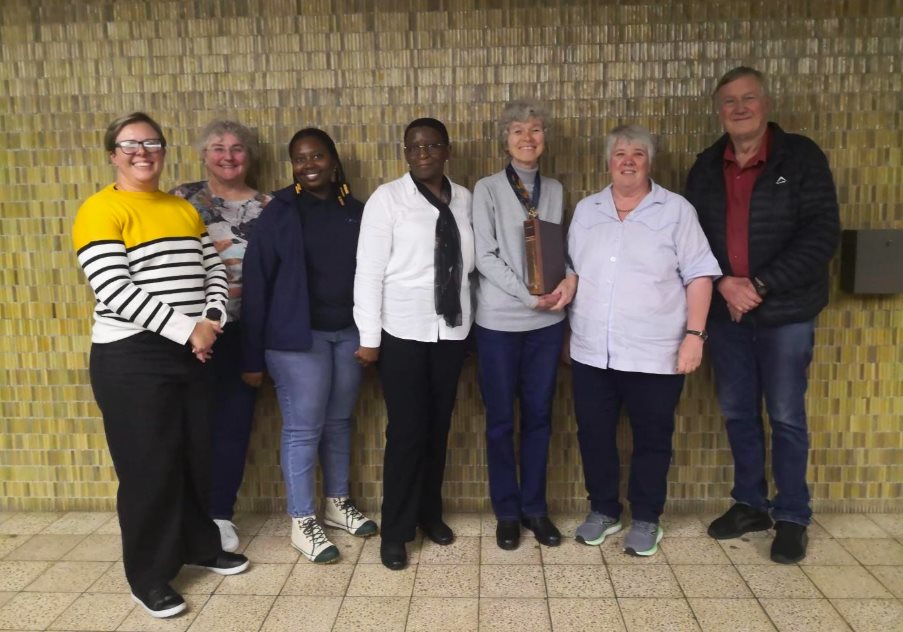 Some of the Endemann digitisation project team members. Marissa Griesel (SADiLaR), Dr Gertrud Faaß (University of Hildesheim), Masibidi Setaka-Bapela (SADiLaR), Prof Mampaka L. Mojapelo (Unisa), Prof Inge Kosch (Unisa), Prof Elsabé Taljaard (University of Pretoria), Prof Danie Prinsloo (University of Pretoria). Team members not pictured here: Dr Elias Malete (University of the Free State), Dr Johannes Sibeko (Nelson Mandela University) and Prof Sonja Bosch (Unisa).