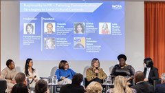 The panel featuring communications leaders from Armenia, Ukraine, Ghana, Switzerland and South Africa at the World Communications Forum’s PR Summit in Davos with Lebo Madia, PR Powerhouse, centre (In blue) (Image supplied)