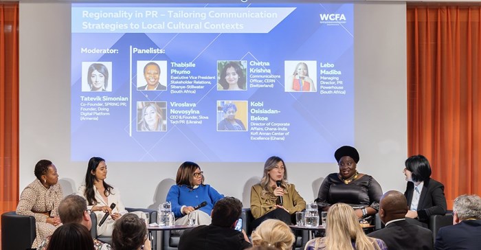 The panel featuring communications leaders from Armenia, Ukraine, Ghana, Switzerland and South Africa at the World Communications Forum’s PR Summit in Davos with Lebo Madia, PR Powerhouse, centre (In blue) (Image supplied)