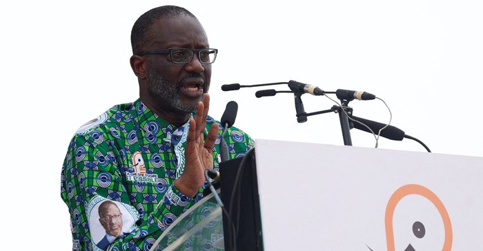 Tidjane Thiam, president of the PDCI (Democratic Party of Cote d'Ivoire), speaks during a meeting as the country prepares for the presidential election in Yopougon, Abidjan, Ivory Coast. Source: Reuters/Luc Gnago/File.