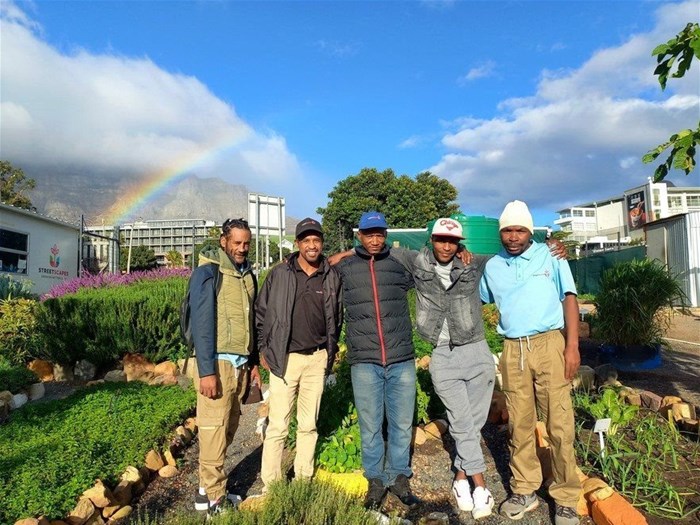 Since 2015, Streetscapes has worked to end chronic homelessness by supporting people with jobs, housing and rehabilitation. Among the beneficiaries of this programme are (from left) Dolan Davis, Rudy Basson, Jonathan Manuel, Thabo Koti and Sandile Mhlongo, who all work for Streetscapes as peer coordinators.