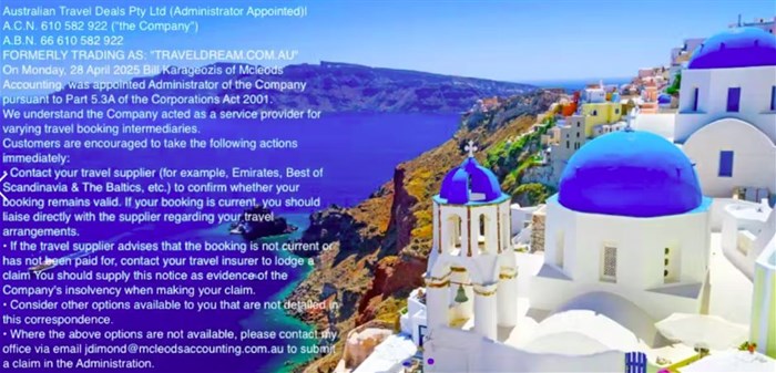 The Traveldream website has been updated with a message from the administrator.