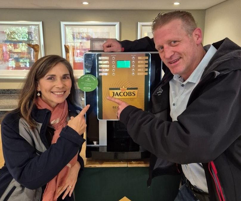 Lucy Balona and Gary Petzer with the Jacobs bean-to-coffee machine at Road Lodge Sandton