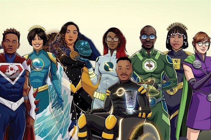 The cartoon series called SuperScientists is based on scientists from Africa. From left to Right: Palaeogeologist Silindokuhle Mavuso (Rocktor), Physical Oceanographer Faith February (Aerosolve), Biological Anthropologist Kimberleigh Tommy (Morpho), Archaeologist Keneiloe Molopyane (Bones), Astrophysicist Mpho Kgoadi (Cosmic Dawn), Geologist Tebogo Makhubela (GeoTime), Oceanographer Kolisa Sinyanya (Nitro), Vertebrate Palaeontologist Kimberley Chapelle (Dinova).