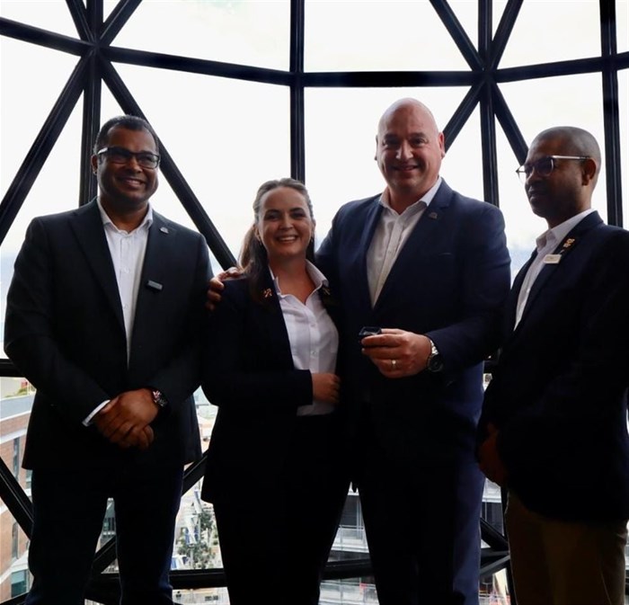 From left to right: Enver Duminy (CEO, Cape Town Tourism), Jessica Pohl (President, Cape Town Concierge Forum), Alderman James Vos (Mayoral Committee Member for Economic Growth), and Nigel Oosthuizen (Head Concierge, 12 Apostles Hotel & Spa) at the inaugural #LoveCapeTown Pinning Ceremony, celebrating the city’s frontline hospitality champions.