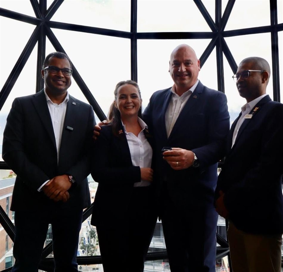 From left to right: Enver Duminy (CEO, Cape Town Tourism), Jessica Pohl (President, Cape Town Concierge Forum), Alderman James Vos (Mayoral Committee Member for Economic Growth), and Nigel Oosthuizen (Head Concierge, 12 Apostles Hotel & Spa) at the inaugural #LoveCapeTown Pinning Ceremony, celebrating the city’s frontline hospitality champions.