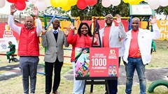 Pictured: Ngange Ngxiki (Sasko Bakeries - Gauteng cluster lead); Potledi Ngoepe (Deputy Director Sports and Enrichment, Department of Basic Education); Thandolwethu Madliki (Sasko senior brand manager); Nico Moloto (PepsiCo corporate affairs director); and Dr Sibusiso Ntshangase (education psychologist) at Ikaneng Combined School, Soweto to celebrate the Sasko Siyasizana 1,000 playgrounds milestone.