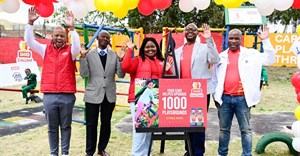 Pictured: Ngange Ngxiki (Sasko Bakeries - Gauteng cluster lead); Potledi Ngoepe (Deputy Director Sports and Enrichment, Department of Basic Education); Thandolwethu Madliki (Sasko senior brand manager); Nico Moloto (PepsiCo corporate affairs director); and Dr Sibusiso Ntshangase (education psychologist) at Ikaneng Combined School, Soweto to celebrate the Sasko Siyasizana 1,000 playgrounds milestone.