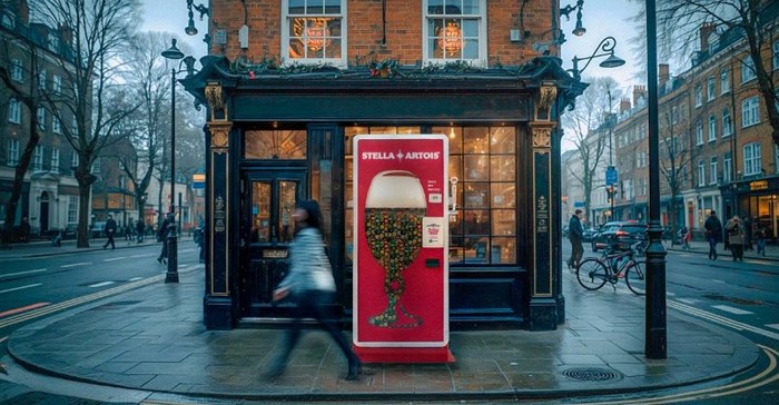 The Stella Artois Perfect Trade Vending Machine outside a pub in London, UK (Image supplied)
